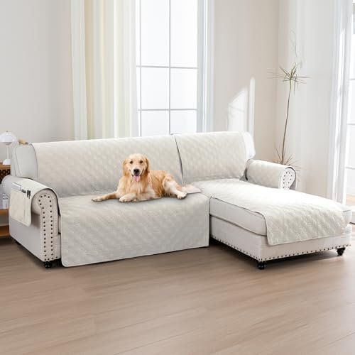 BellaHills 100% Wasserdicht Sofabezug L Form (247cm) Sofa Überzug für Kinder Hunde, Sofa Couch Sessel Ecksofas,Weicher Sofabezug rutschfest, Beige