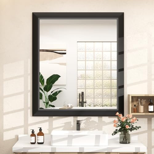 SMIROR Espejos de baño negros para fregadero de 24 x 32 pulgadas, espejo de tocador con marco de metal para pared, rectangular, esquina en ángulo recto, marco grueso (horizontal/vertical)