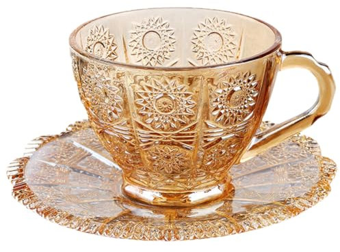 Amosfun Juego De Tazas De Café Vintage De Vidrio Platillo Taza De Té De Europeo Diseño Ergonómico Translucido Adecuado Para Té Tarde Set Elegante Para Hogar