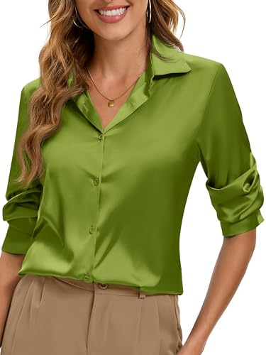 Syewan Camicette da donna a maniche lunghe con bottoni, in raso di seta elasticizzata, di alta qualità, morbide, traspiranti, con motivo leopardato, Uva Bianca, L