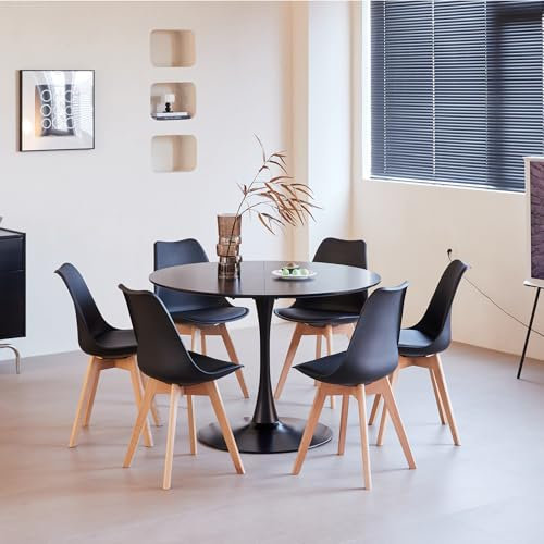 GrandCA HOME Moderner Esstisch mit 6 Stühlen, 110 cm Schwarz Runder MDF-Esstisch + 6 Schwarz Küchenstühle