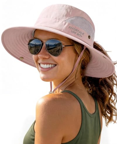 FURTALK Damen Sonnenhut mit Zopföffnung breiter Rand UPF 80 Faltbarer Outdoor Wander und Strandhut