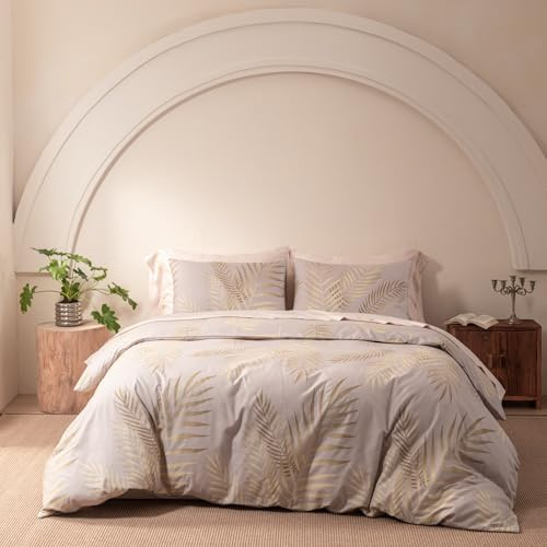 YASMENG Bettwäsche 155x220 Gold Beige Blätter Bettwäsche Gold Blätter Motiv Modern Weich Mikrofaser Bettbezug Set 3 Teilig mit Reißverschluss und 2 Kissenbezüge 80x80 cm