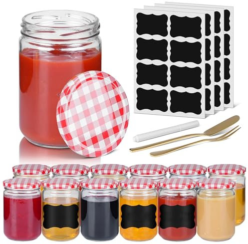 YRHome 350ML Mit Deckel Glas Marmeladengläser 12 Stück Einmachgläser Mit Etiketten & Stift & Spatel & Fork Für die Aufbewahrung von Lebensmitteln, DIY, Geschenke,Dekoration-Rot