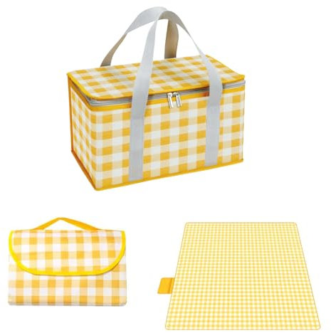 Cestas de picnic aisladas, 35 x 20 x 20 cm, bolsa isotérmica para picnic de 15 l, con manta de picnic de 150 x 200 cm, bolsas de playa portátiles impermeables para actividades al aire libre calientes