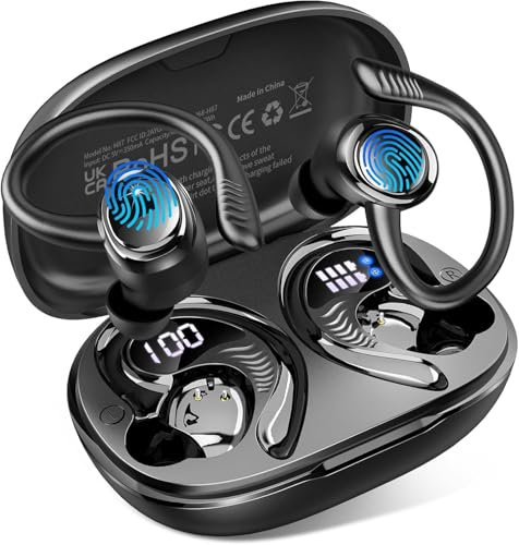 Cuffie Bluetooth Sport, 75 Ore Auricolari Bluetooth 5.4 con 4 ENC Mics, Stereo Cuffie Wireless Antirumore, IP7 Impermeabili Cuffiette Bluetooth con Display LED, Cuffie Senza Filo per Running/Palestra