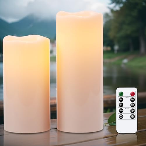 Eldnacele Waterproof LED Outdoor Candles with Remote, Battery Operated Flickering White Plastic Flameless Outdoor Candles for Garden Lanterns Home Decor(4×8, 4×10)