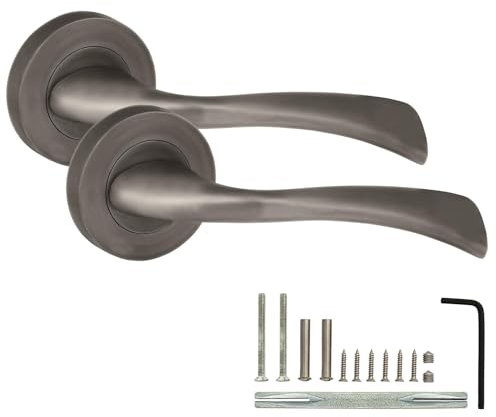 XFORT Solace Lever on Rose Door Handles, Internal Door Handle Sets for Interior Wooden Doors, Lever Latch Door Handle, Interior Door Handles for Home & Office – Gun Metal Grey