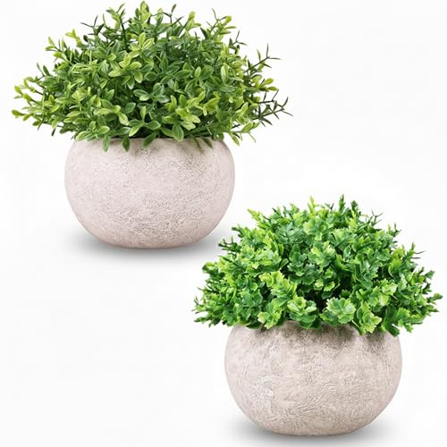 SylvanReve Künstliche Pflanzen 2er-Set, Kleine Kunstpflanzen im Topf wie echt, Mini Buchsbaumkugeln in Steinoptik-Töpfen für Deko Wohnzimmer, Büro, Bad & Küche (13 cm Höhe)