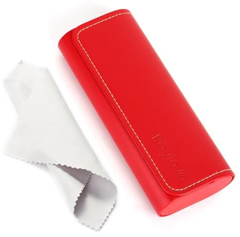 AkoaDa Brillenetui Hardcase, Premium Lederbrillenbox in Eleganz Schwarz, Hartschale mit Mikrofasertuch, für Damen und Herren, ideal für Reisen und täglichen Gebrauch(Rot)