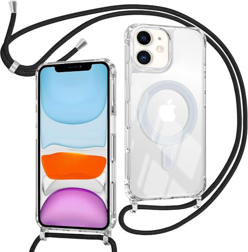 ZYIMOU für iPhone 11 Hülle mit Band Kompatibel mit MagSafe, Transparent Magnetische Handyhülle mit Kordel zum Umhängen Handyband Stossfest Schutzhülle,Kette Schwarz