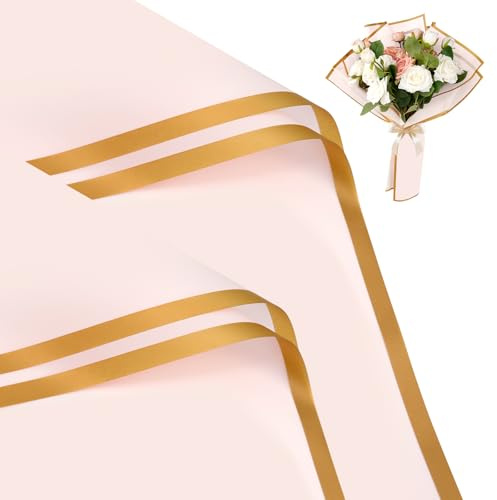 20 Sheets Flower Wrapping Papers, Gold Edge Waterproof Floral Bouquet Wrapping Paper, Florist Supplies Packaging Paper for Wedding Birthday Gift DIY (Pink)