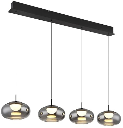 LED Hängeleuchte schwarz Esszimmerlampe Rauchglas 4-Flammig Pendelleuchte Höhenverstellbar, Metall, 24W 1600Lm warmweiß, DxH 20x120 cm