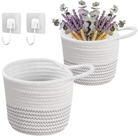 Hängekorb,2 Stück Wandkörbe Baumwollseilflechten mit Haken,15 x 15 cm Aufbewahrungskörbe Hängekörbe Korb zum Aufhängen Körbchen für Küche, Bad, Schlafzimmer, Wohnzimmer (Weiß+Schwarz)