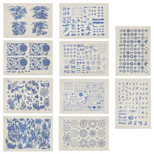 WEBEEDY 10 Styles Ceramic Underglaze Transfers Decals Blue White Ceramic Clay Transfer Paper Water Slide Decal for Pottery Art Stickers Enamel Decal DIY Craft Home Decor Gift, 48x33cm