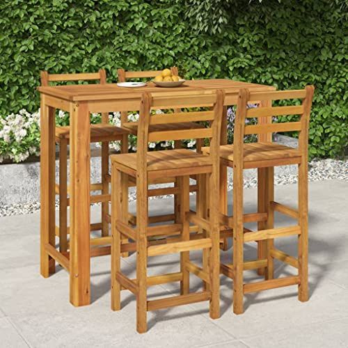 QUAHEAS 5-TLG. Gartenbar-Set aus massivem Akazienholz, 120x60x105 cm, wetterfest für Terrasse, Balkon, Garten, inklusive 4 Barstühlen, Natur geölt