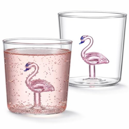 Yaryang 2er Set Glasbecher mit Flamingo im Inneren 400 ml, Borosilikatglas | Mit 3D-Figur, Hitzebeständig, Ohne Henkel, Transparent Trinkglas für Wasser, Saft, Kaffee und Wein, Geschenkidee für Frauen