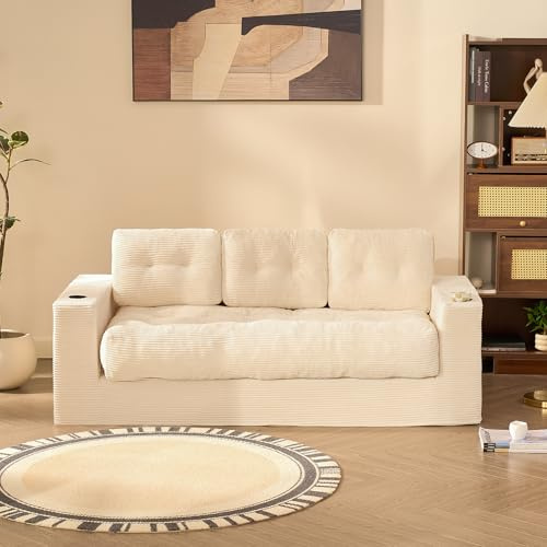 Litbird Bodensofa 3-Sitzer 190 cm, Cord Sofa ohne Gestell mit Kissen, 2 Getränkehaltern & Breiten Armlehnen, Lounge Sofa für Wohnzimmer, kleine Wohnungen & Studenten, kein Aufbau erforderlich (Beige)