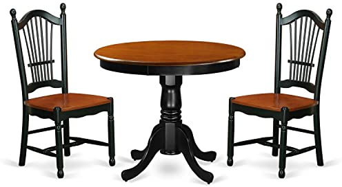 East West Furniture Ando3-BCH-W Antikes 3-teiliges Zimmerset enthält einen runden Holztisch mit Sockel und 2 Küchen-Esszimmerstühlen, 91,4 x 91,4 cm