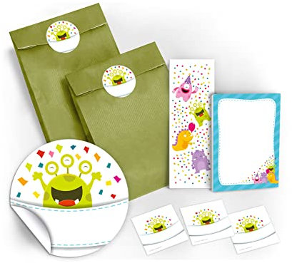 12 Geschenktüten / grün + 12 Aufkleber + 12 Lesezeichen + 12 Mini-Notizblöcke lustige Monster / Mitgebsel Gastgeschenk für Kinder Jungen Mädchen beim Kindergeburtstag Geburtstag Hochzeit Taufe