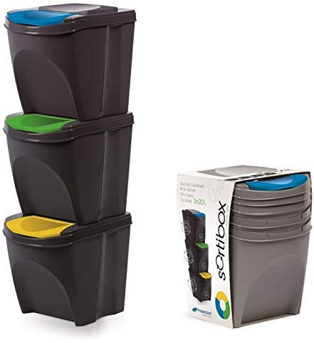 KrysGo 20 Litre Large Stackable Recycling Sorting Colour Coded Plastic Bins with Hinged Lids (Black, Set of 3)