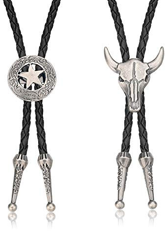 Finrezio 2 Stücke Bolotie für Männer Frauen Unisex Halskette Leder Kette Western Cowboy Lange Anhänger Halskette Bolo Tie Silbrig