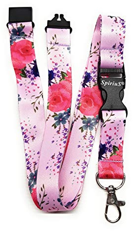 SpiriuS Safety Breakaway Lanyard Neck Strap for id Card Badge Holder with Metal Clip 2cmx43cm Original Design (Flowers in Pink)
