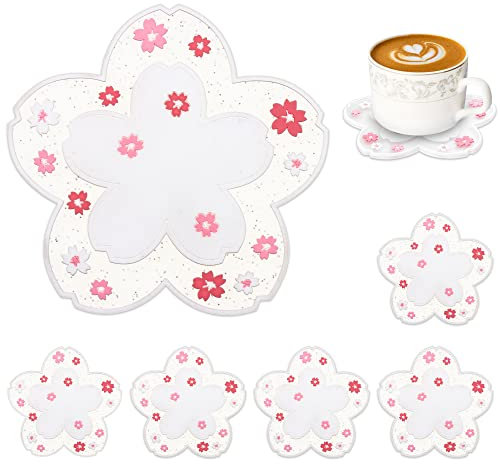 Conisy Dessous de Verre en Silicone pour Boissons, Lot de 6 Mignonnes Antidérapants Lavable sous-Verres (Motif de Sakura Blanc)