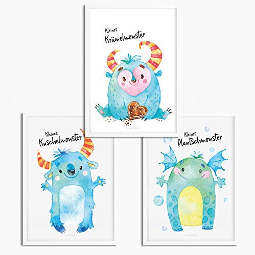 Sunnywall® 3er Set Poster Kinderzimmer - A4 Bilder Babyzimmer Kinderposter | OHNE Bilderrahmen | - Deko Mädchen Junge | Monster Krümelmonster Kuschelmonster