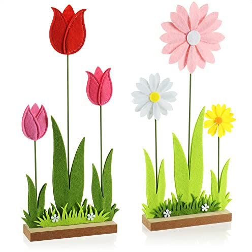 com-four® 2X Deko Aufsteller für Ostern und Frühling - Niedliche Filz-Blumen - Osterdeko zum Hinstellen - Osterdekoration aus Holz und Filz (Blume - 2 Stück)