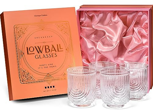 GLASSIQUE CADEAU Vintage Art Deco Gatsby Kristall Gin, Rum, Tequila Tumbler Cocktailgläser | 4er Set | 380 ml Ausgefallene Retro Lowball Rocks Cocktail Kristallgläser für Damen