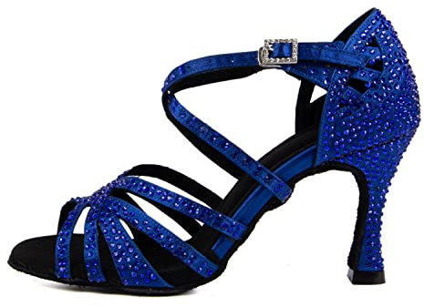 Syrads Scarpe da Ballo Latino da Ballo da Donna con Strass Salsa Tango Bachata Scarpe da Ballo al Coperto per la Festa Nuziale Prom,Blu 9cm Heel,40 EU