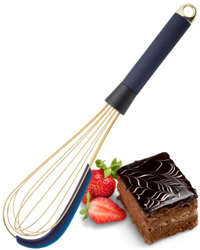 Large Manual Balloon Whisk Egg Beater - Stainless Steel. Froths Milk, Beats Eggs, Whips, Folds & Stirs Meringue, Batters & Sauces. Inbuilt Flexible Silicone Bowl Scraper. 5yr Guarantee, Blue and Gold