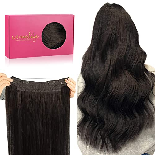 WENNALIFE Secret Hair Extensions Echthaar, 40cm 16 Inch 95g Dunkel Braun Remy Haarverlängerung Echthaar Wire Hair Extensions Fish Line Unsichtbare Draht Extensions Echthaar