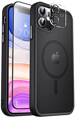 MOCCA Strong Magnetic for iPhone 11 Phone Case,[Compatible with Magsafe][Glass Screen Protector+Camera Lens Protector] Slim Thin Shockproof Cover Case for iPhone 11 6.1 inch, Black