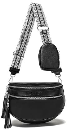 KUNKUN Sac Banane Femme Noir Sac à Bandoulière Femme Cuir Végétalien Petit Sac A Main Femmes Bandoulieres avec 5cm Sangle Sac Bandouliere et Porte-Monnaie