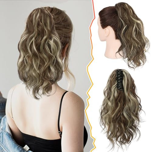 BARSDAR 35 CM Kurzes Wellig Pferdeschwanz Extension, Klaue Clip Lockig Highlight Pferdeschwanz Haarextension Synthetik Dick Clip Haarverlängerung Haarteil für Frauen(Mittel Braun & Blond)