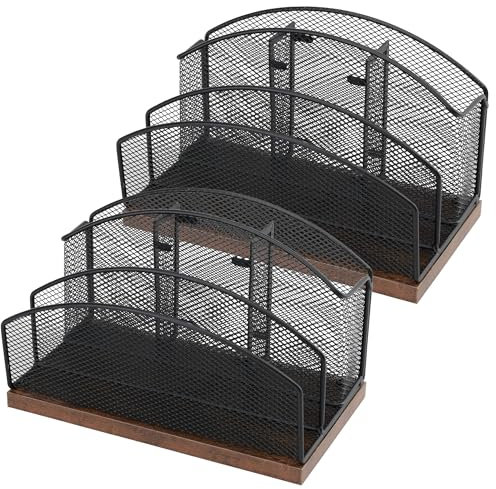 ASIFMTHOT Post-Organizer aus Holz mit Stifthaltern, Metallgeflecht, Schreibtisch-Organizer mit 5 vertikalen Schlitzen, Schwarz, Brief-Organizer für Briefe, Postkarten, Schreibwaren (2 Stück)