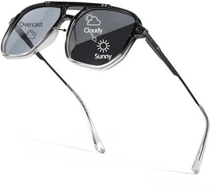 TJUTR Lunettes de soleil photochromiques polarisées pour homme et femme, protection UV400, monture double pont en forme de goutte d'eau, A2 - Cadre noir transparent - Verres gris