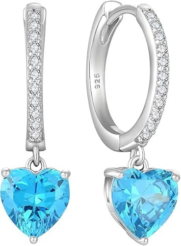 Starchenie Ohrringe 925 Sterling Silber für Damen Creolen mit Zirkonia Herz Aquamarinblau Geburtsstein Hängend Hypoallergen Kreolen Hängeohrringe