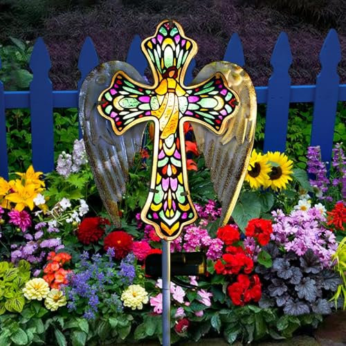 Solar Kreuz Garten Lichter, Außen Solarleuchten Garten Gartendeko für Draußen Wetterfest, Buntglas Engel Sflügel, Metall Dekoration für Deko Balkon Pfad Patio Hinterhof, Grabsteine für Gräber, Rasen