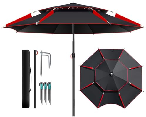 Groß Angelschirm Strandschirm Für Den Außenbereich Tragbar Strandmuschel Regenschirm mit Trage-Tasche Doppeldach Schirmzelt Gartenschirm(Black red,ø180cm)