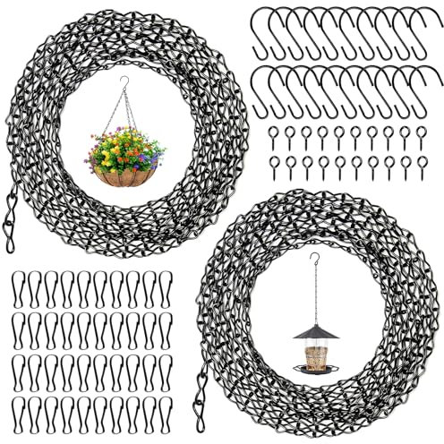 2 Stück Blumenampel Ketten, 500cm Metallkette Zum Aufhängen, Hängende Kette Mit Haken, Schwarze Hängekette, Blumenampel Hängende Ketten Mit 20 Haken,40 Clips, 20 Schraubösenhaken Für Pflanzgefäße