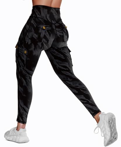 Nuofengkudu Muster Sport Leggings Damen Taschen High Waist Booty Gym Blickdicht Sportleggins Push up Stretch Arbeitshose Fitness Sporthose Laufhose Jogginghose Workout Jeggings Z-Schwarz B 2XL