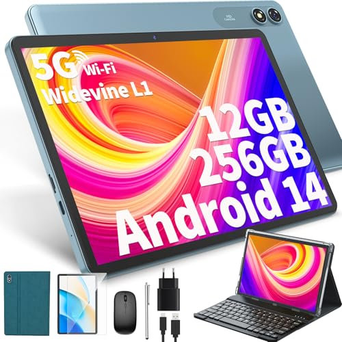 JJGJ Android 14 Tablet mit Tastatur, 10 Zoll mit 24GB+256GB, 1TB Expand, 8-Core, 8000mAh, 5G WiFi, Widevine L1, GMS, Gesichtserkennung, 2 in 1 Tablet mit Tastatur, Maus, Stylus(Grün)