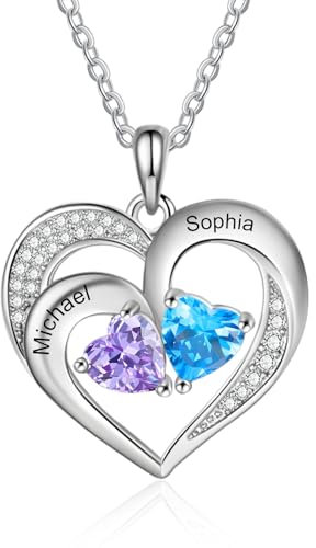 Jeweidea Personalisierte Herz-Halskette für Frauen Namenskette mit Geburtsstein-Anhänger für Damen Mama Oma Geschenke für Weihnachten Muttertag (B-Name 2)