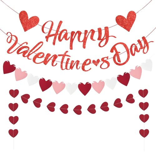 Happy Valentines Day Banner, rot glitzernde Valentinstag-Party-Dekorationen, Valentinstags-Girlande, Valentinstags-Requisiten, Herz-Dekorationen, Hochzeits-Valentinstag-Dekoration (Herz)