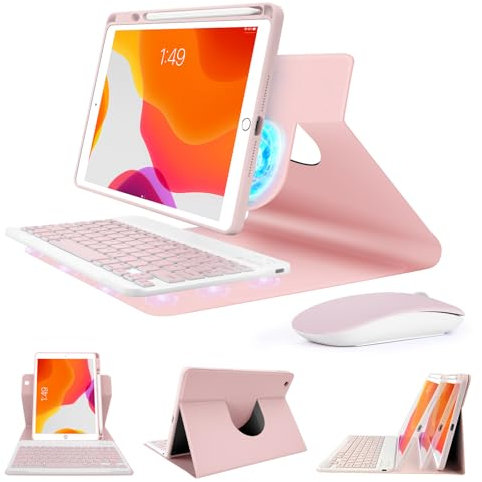 SOPPY Bluetooth Keyboard Case with Mouse for iPad 9th Gen 2021/ 8th Gen 2020/ 7th Gen 2019 10.2-inch, Slim Protective Cover, Magnetic Rotatable Detachable Keyboard, with Pencil Holder - Pink