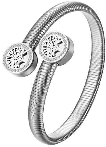 JewelryWe Lebensbaum Armreif Armband Damen: Silber Edelstahl Baum des Lebens Elastisch Offen Maschette Armreif Armspange verstellbares Stretch-Armband für Frauen Mädchen
