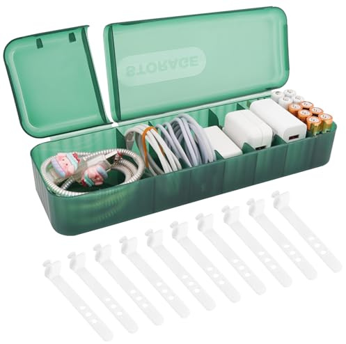 Cable Organizer Box with 10 Wire Ties, Clear Charge Cord Management Cases with 7 Compartments, Desktop Drawer Organizer Storage Container, Wire Storage Box with Lid (Green)